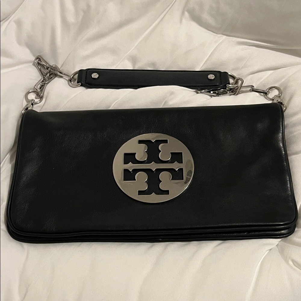 Tory Burch Reva Black Leather Clutch with Silver Logo Medallion